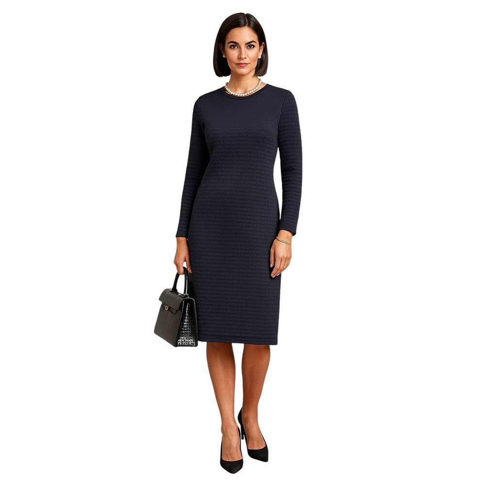 Akris Wool Silk Quilted 3D Knit Long Sleeve Dress Navy Blue Womens Size 8 Luxe
